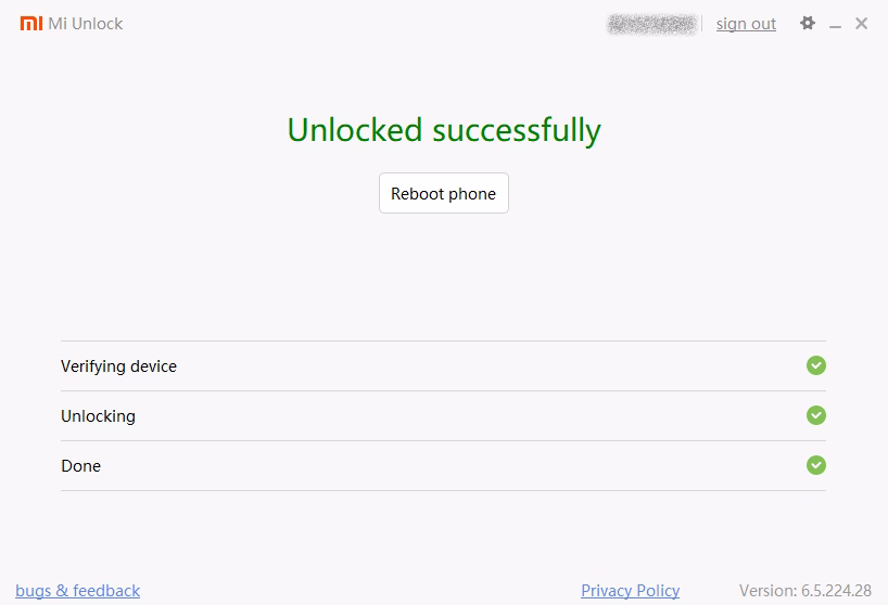 Mi Unlock Tool Success unlock bootloader